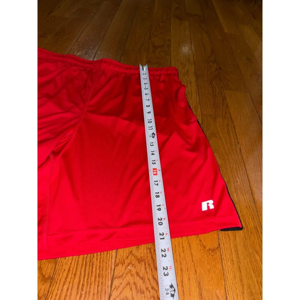Russell Athletic Mens XL Red Black Side Stripe Performance Gym Shorts Drawstring